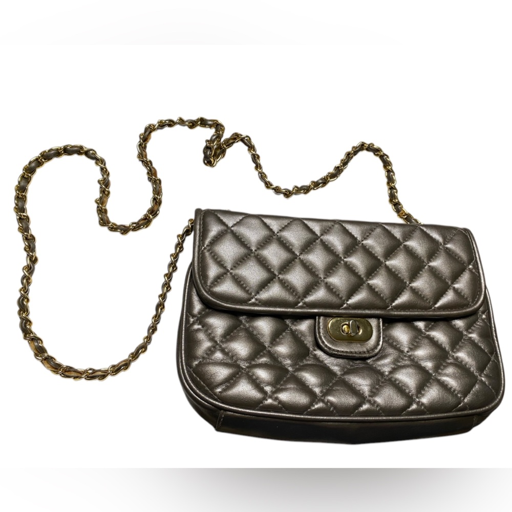 Vintage Luxurious B.H. Smith Pewter Quilted Crossbody Bag with Gold Chain Strap